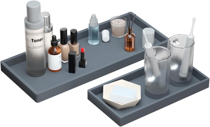 BBK Bathroom Vanity Tray- 2 Pack (7.8" and 11.8") Silicone Bathroom Tray for Counter, Perfume Key Trinket Ring Tray, Decor Soap Dispenser Countertop Tray for Kitchen Sink Organization.(Gray) - Image 1